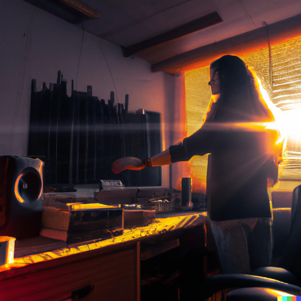 Prompt: A music engineer living creating music with large speakers and music deck living in an apocalyptic world. The light beaming through the blinds of the windows with a glimpse of outside wasteland from global warming. 