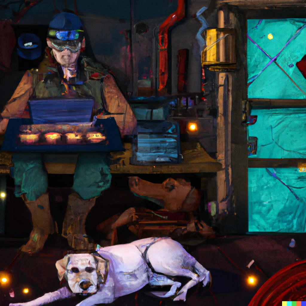 Prompt: A Steampunk and Cyberpunk Hackers underground den with a Labrador working from a dog bed