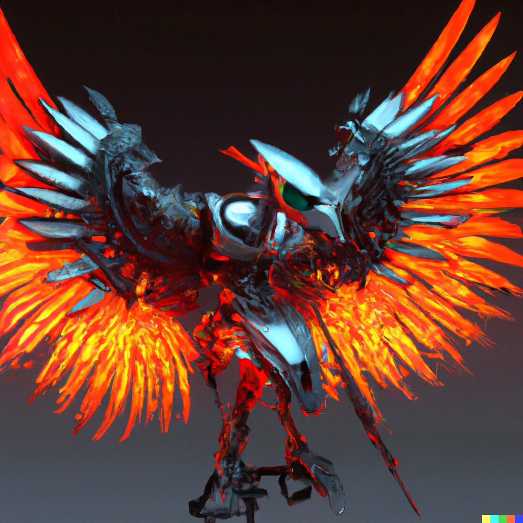 Prompt: a metal eagle robot spreading its wings aggressively, eyes glowing with red rings, feathers breathing subtle glowing orange light, the cybrog eagle made of titanium 
