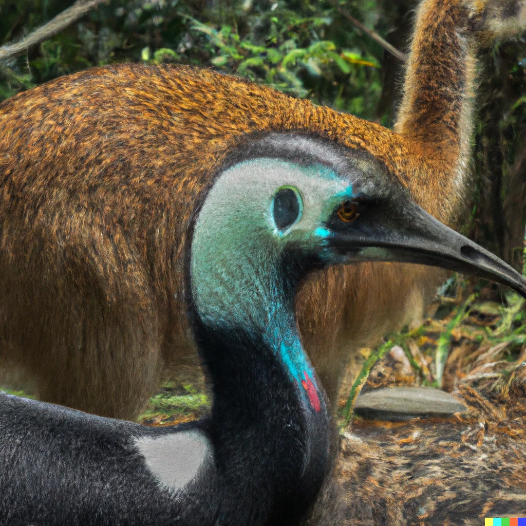Prompt: a cassowary and a kiwi bird