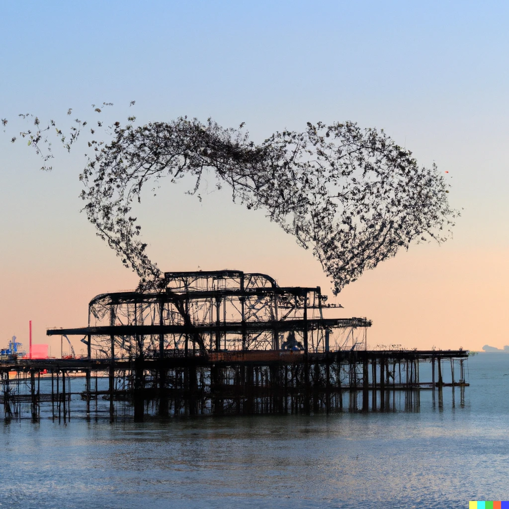 Prompt: brighton's west pier with a murmuration of starlings flying in the shape of a heart
