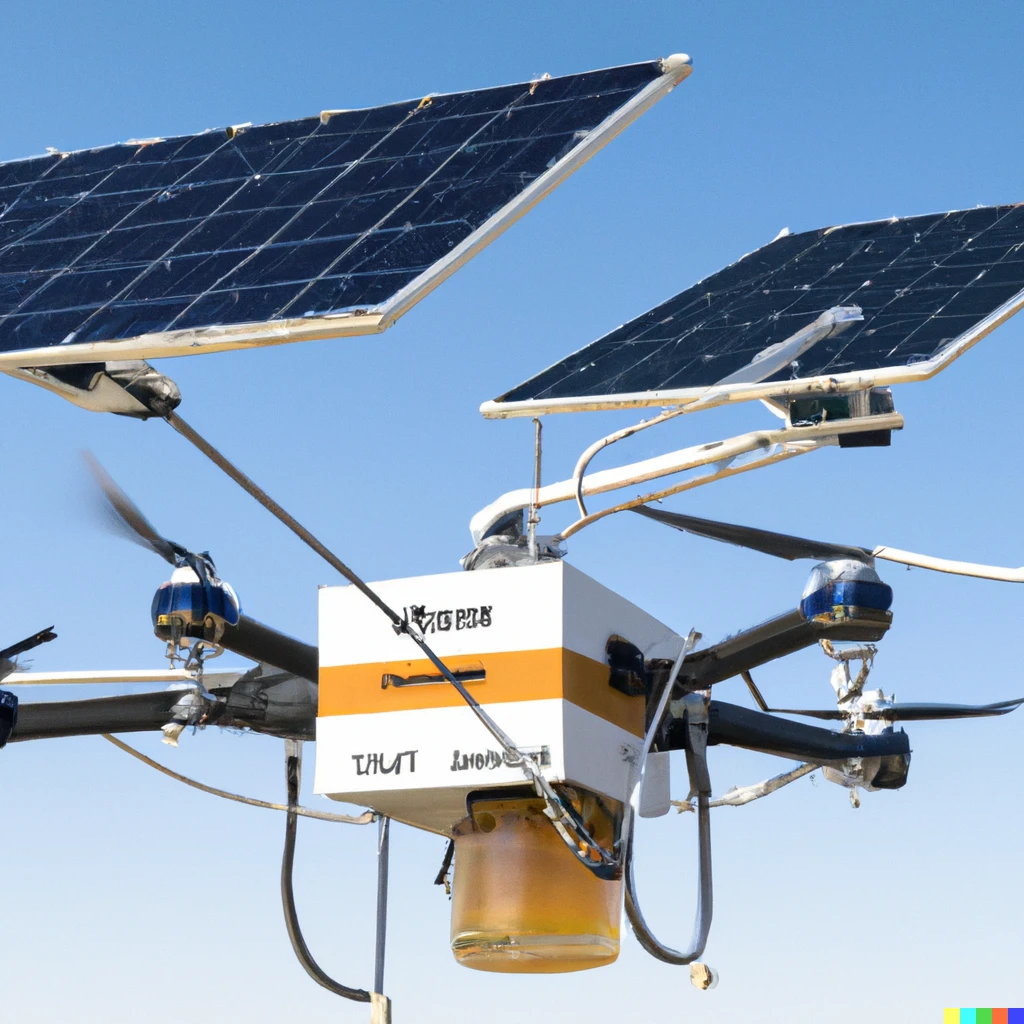 Prompt: a photo of a space faring honey delivery drone and dispenser, with solar panels