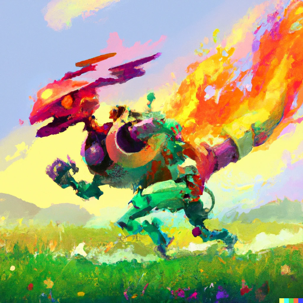 Prompt: a rainbow coloured robot in the shape of a dragon, running on the grass, breathing out fire, digital art