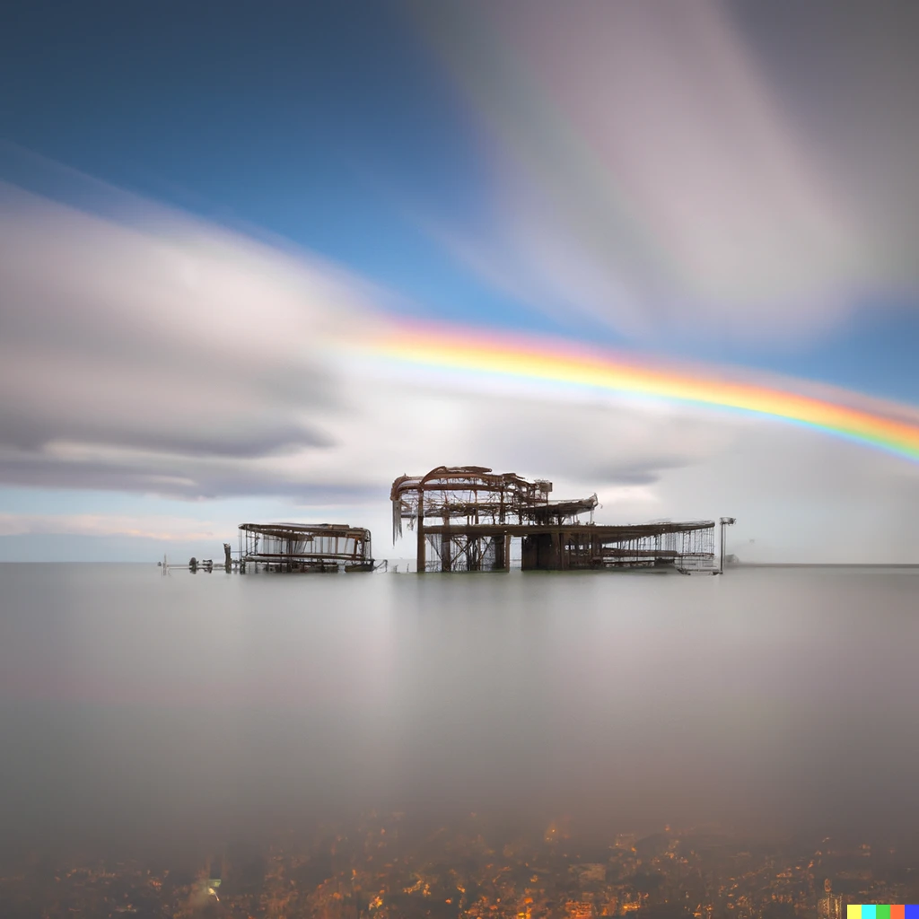 Prompt: brighton's west pier long exposure landscape photo with a rainbow over it