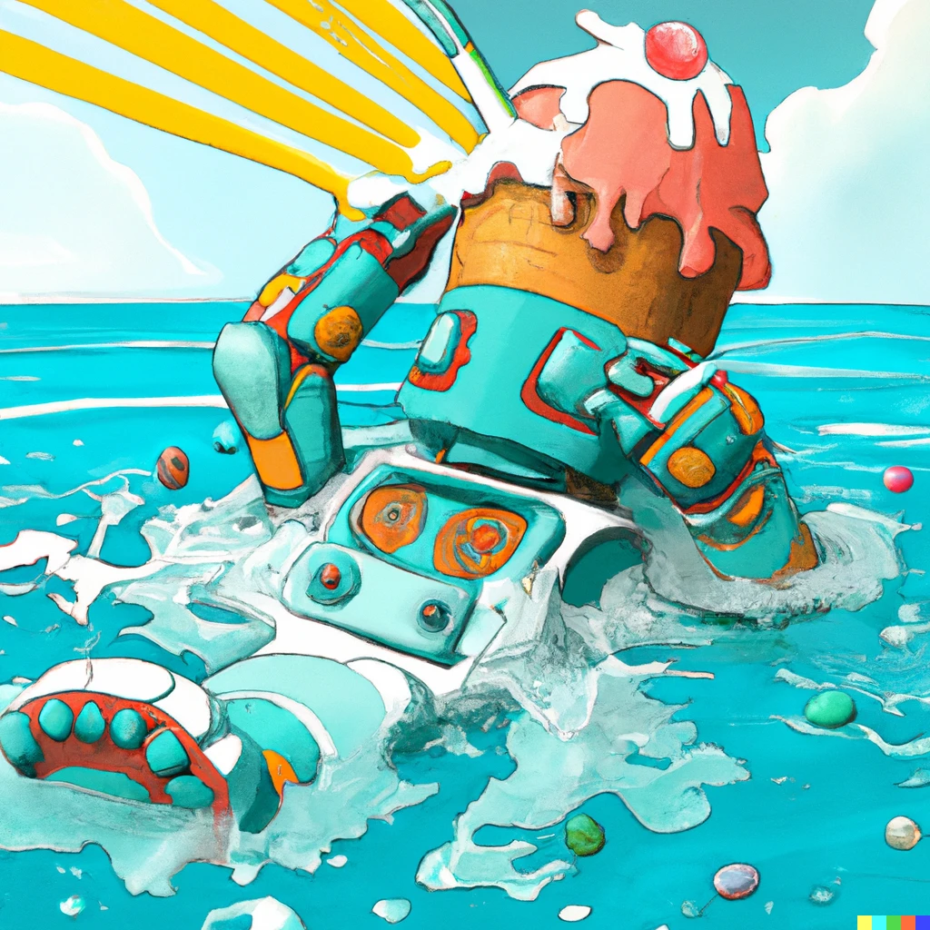 Prompt: an ice cream robot monster, splashing in the water on the beach, detailed digital art