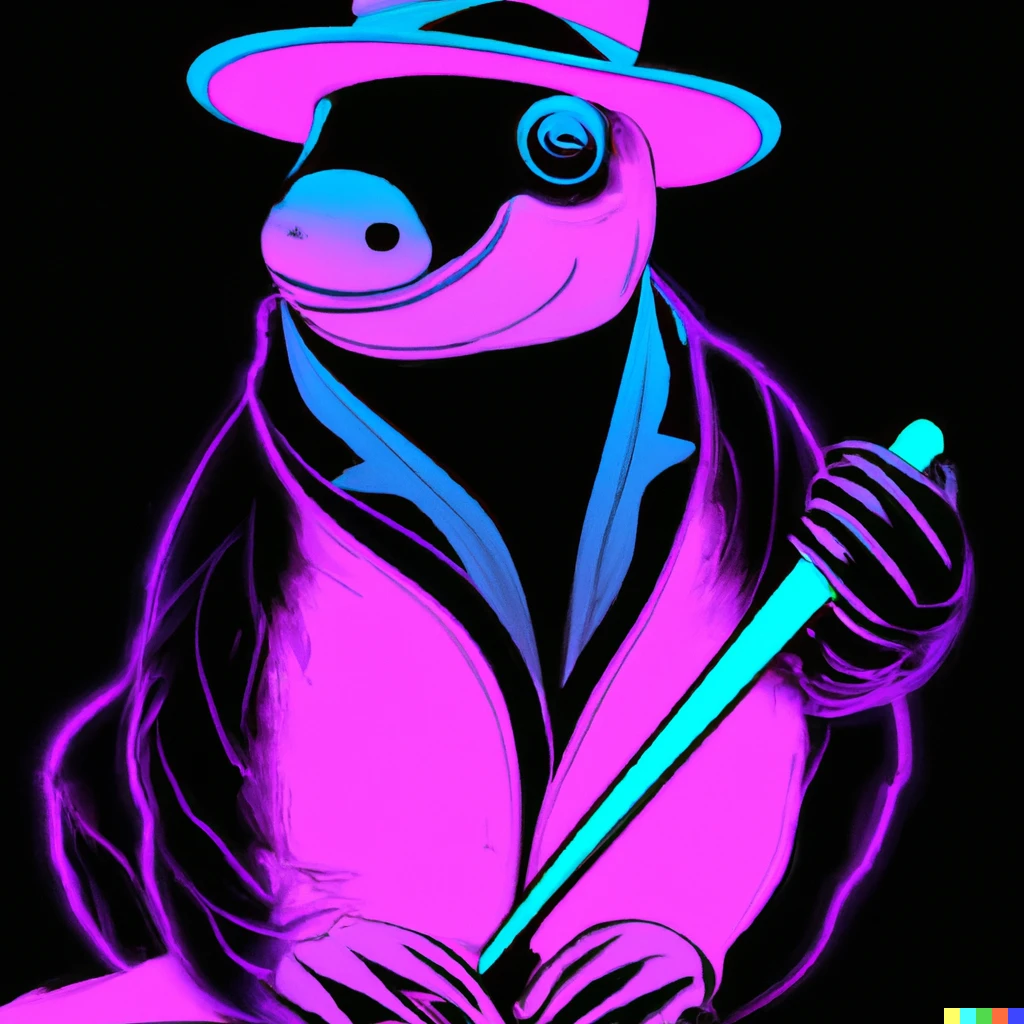 Prompt: Fluorescent Platypus wearing a hat leaning on a cane with Cosmic Blacklight Art style 