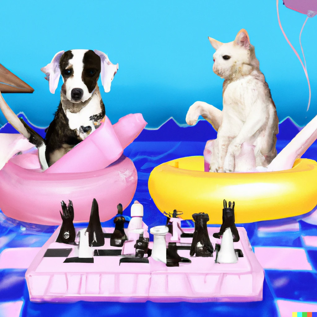 Prompt: A cat playing chess with a dog on top of inflatables in a pool, vaporwave style
