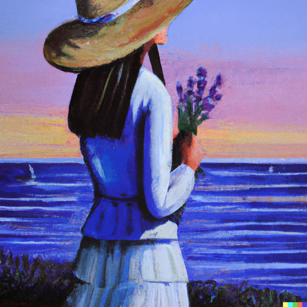 Prompt: an oil painting of a girl holding lavender with a hat on an evening beach