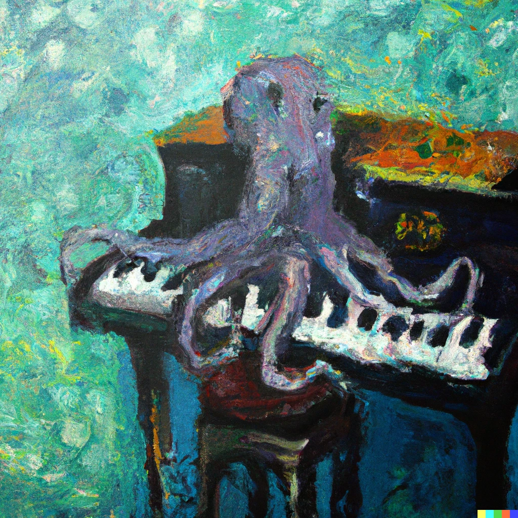 Prompt: a painting of an octopus playing the piano in the style of monet