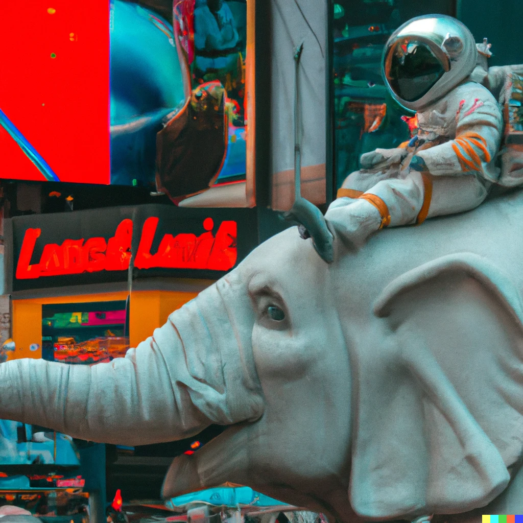 Prompt: a photo of astronaut siting on elephant in times square 