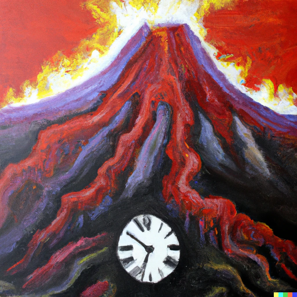 Prompt: AN OIL PAINTING OF A CLOCK COMING OUT OF VOLCANOS