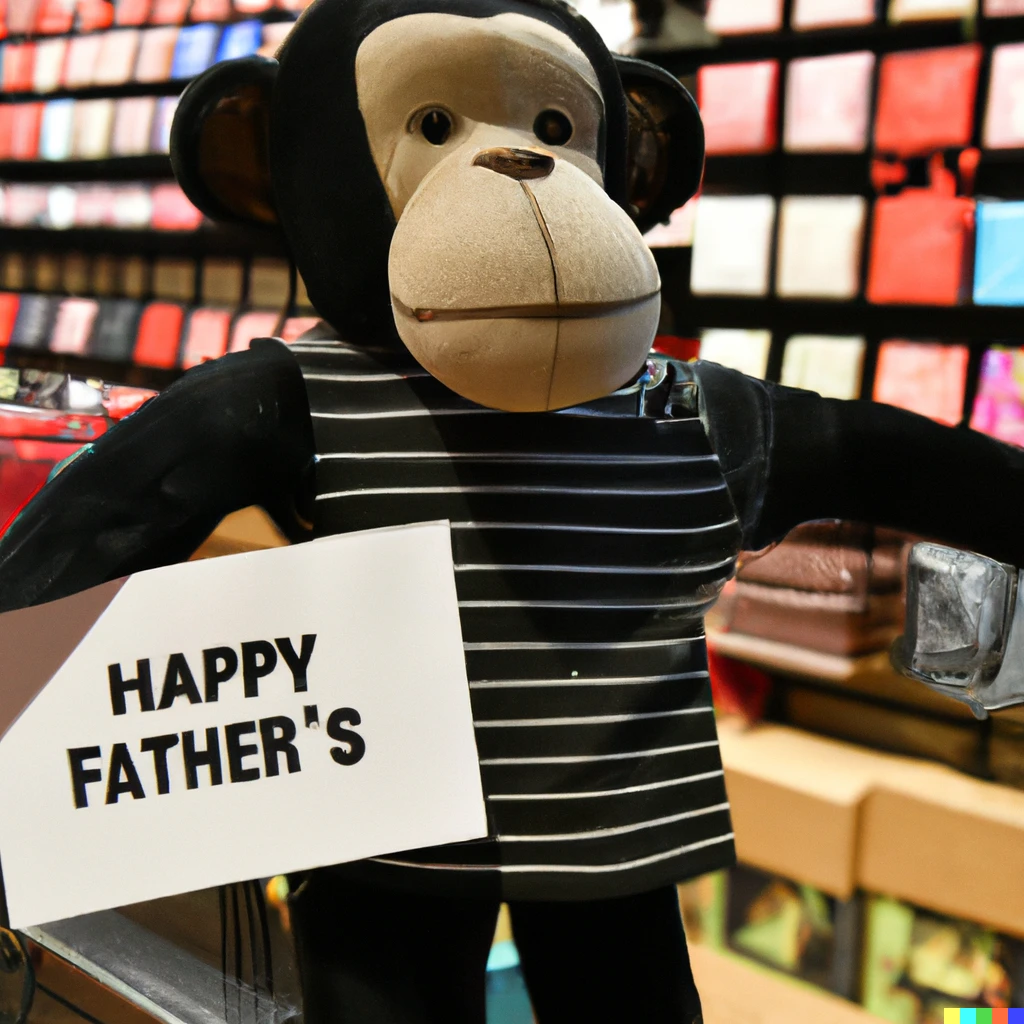Prompt: a chimpanzee in a store shopping for Father's Day