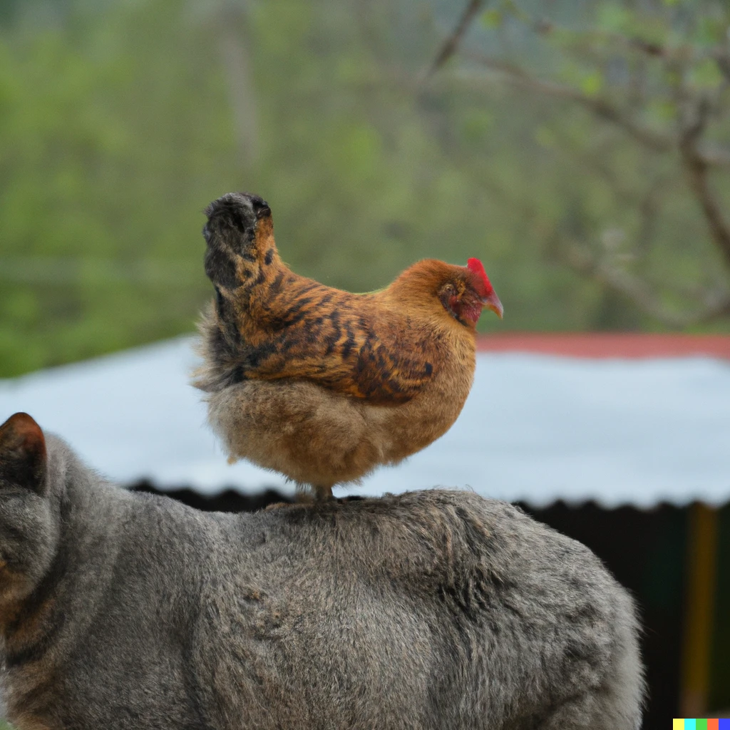 Prompt: A chicken standing on top of a cat