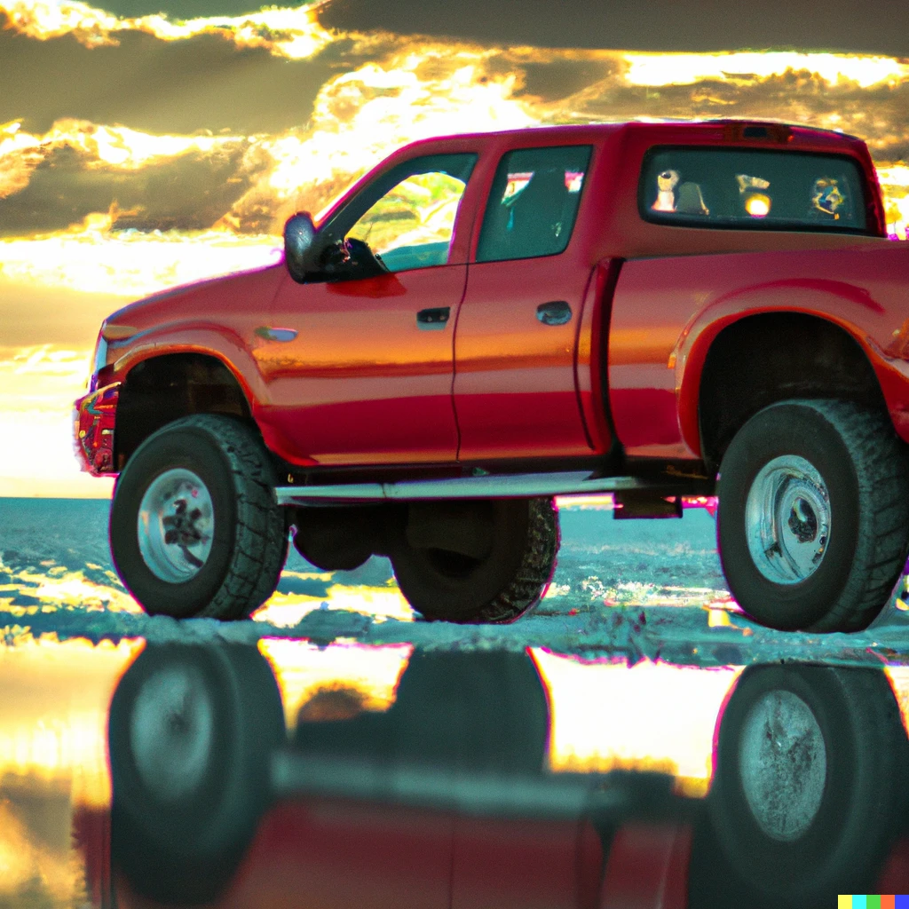 Prompt: Red GMC Truck Large wheels parked on the reflective Salar de Uyuni salt flat during a bright red-orange sunset, light clouds, 200mm lens, 4K, bokeh, award winning photograph