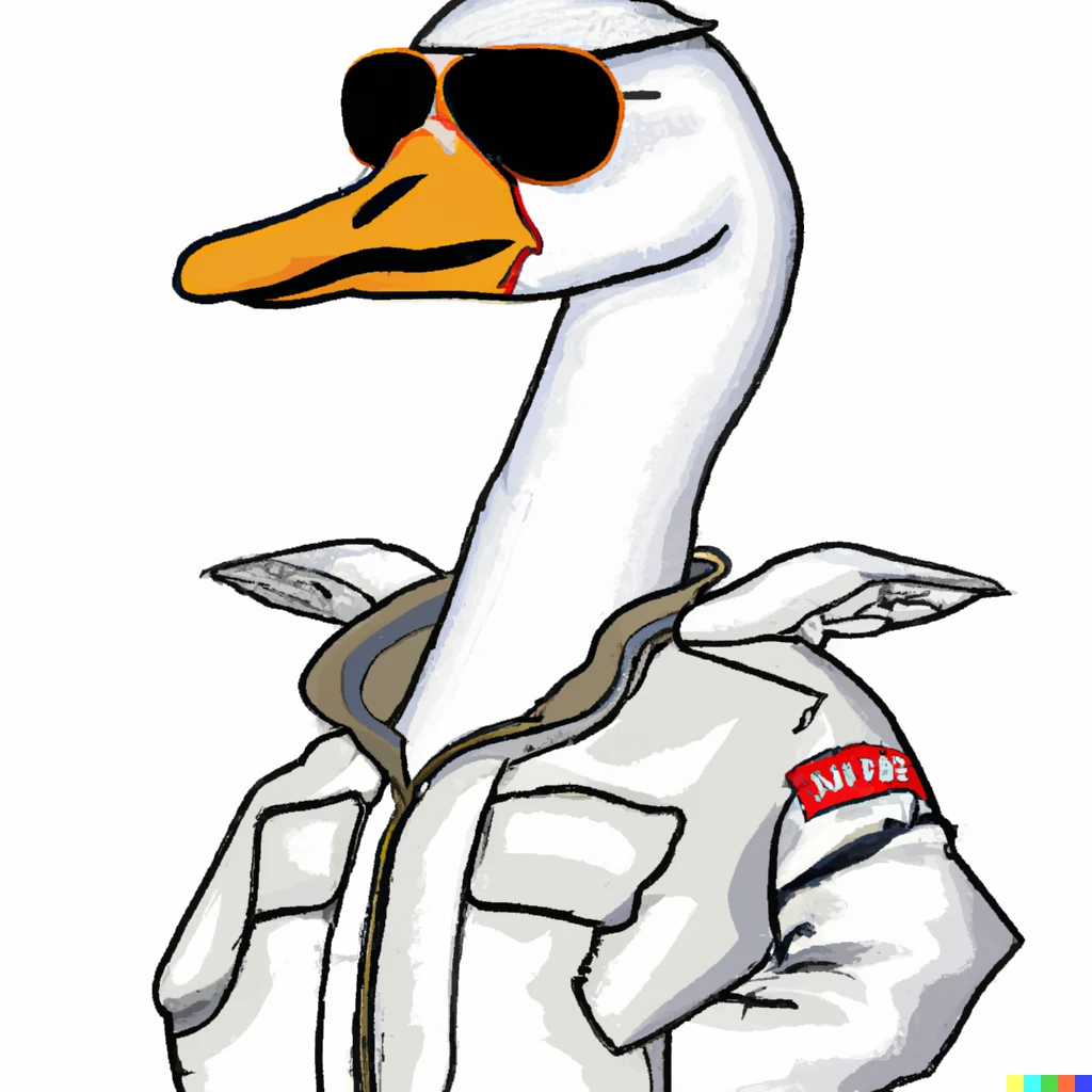 Prompt: Goose wearing aviator sunglasses and flight jacket