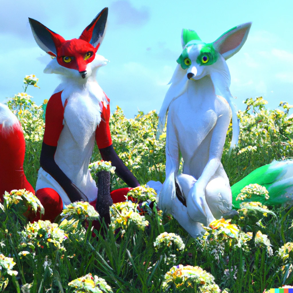 Prompt: braixen and gardevoir sitting in the middle of flower field, 4K, photorealistic, 3D render