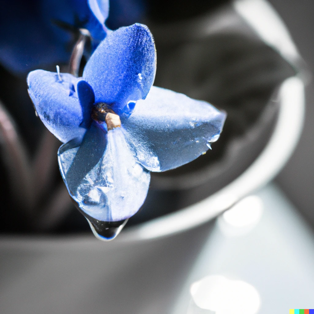 Prompt: a photorealistic blue Violet flower on a vase, close up, morning light, water droplets