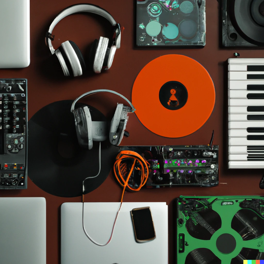 Prompt: knolling of music producer items, studio lightning