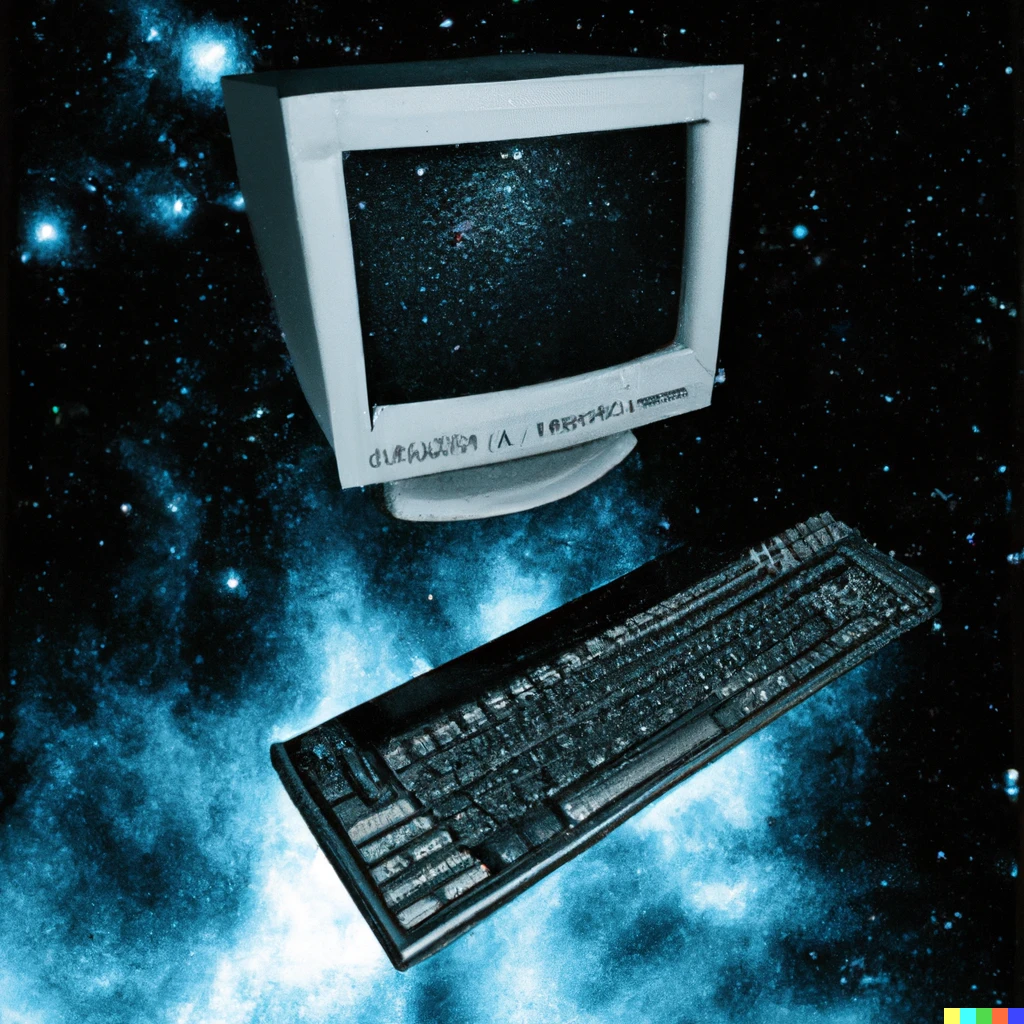 Prompt: celestial 1990s computer floating in space