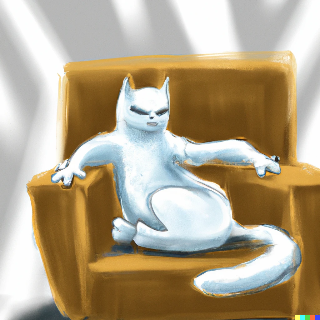 Prompt: A cat sitting in a chair in the style of Superhot