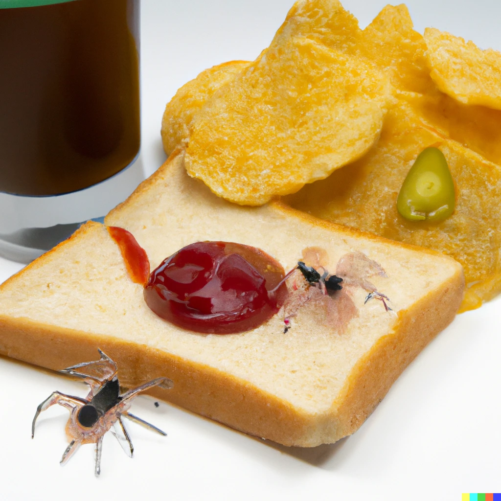 Prompt: potato chips and ketchup between two slices of bread, with a side of spiders and a cup of pickle juice
