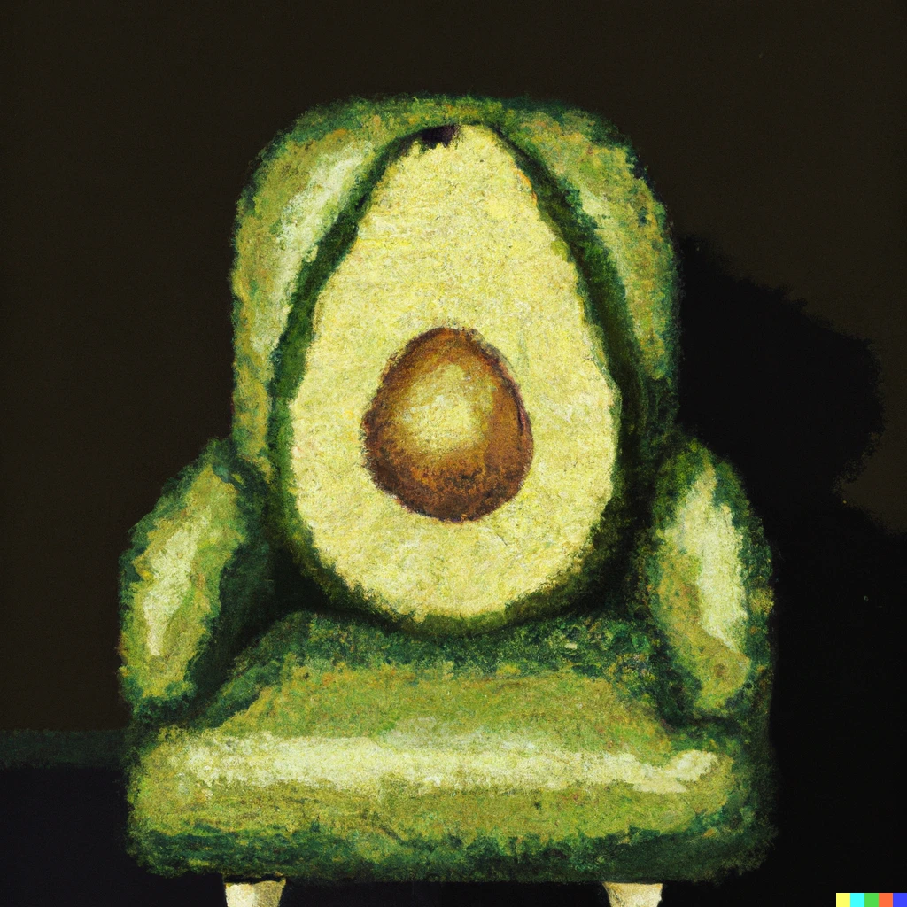 Prompt: A series of pixels arranged in a specific order to resemble what a human mind might interpret as an armchair shaped like an avocado, in the human-defined art style of oil painting