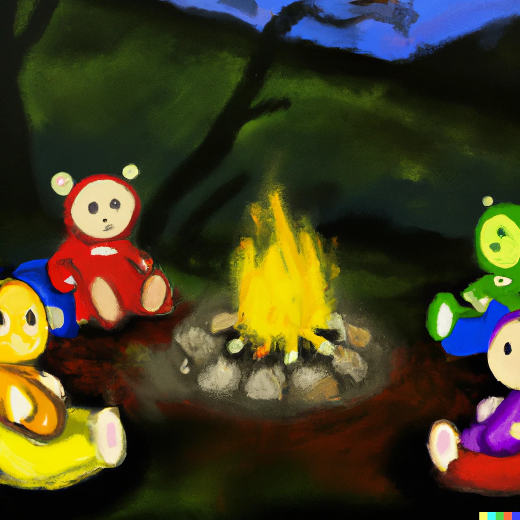 Prompt: A painting of teletubbies sitting around a campfire