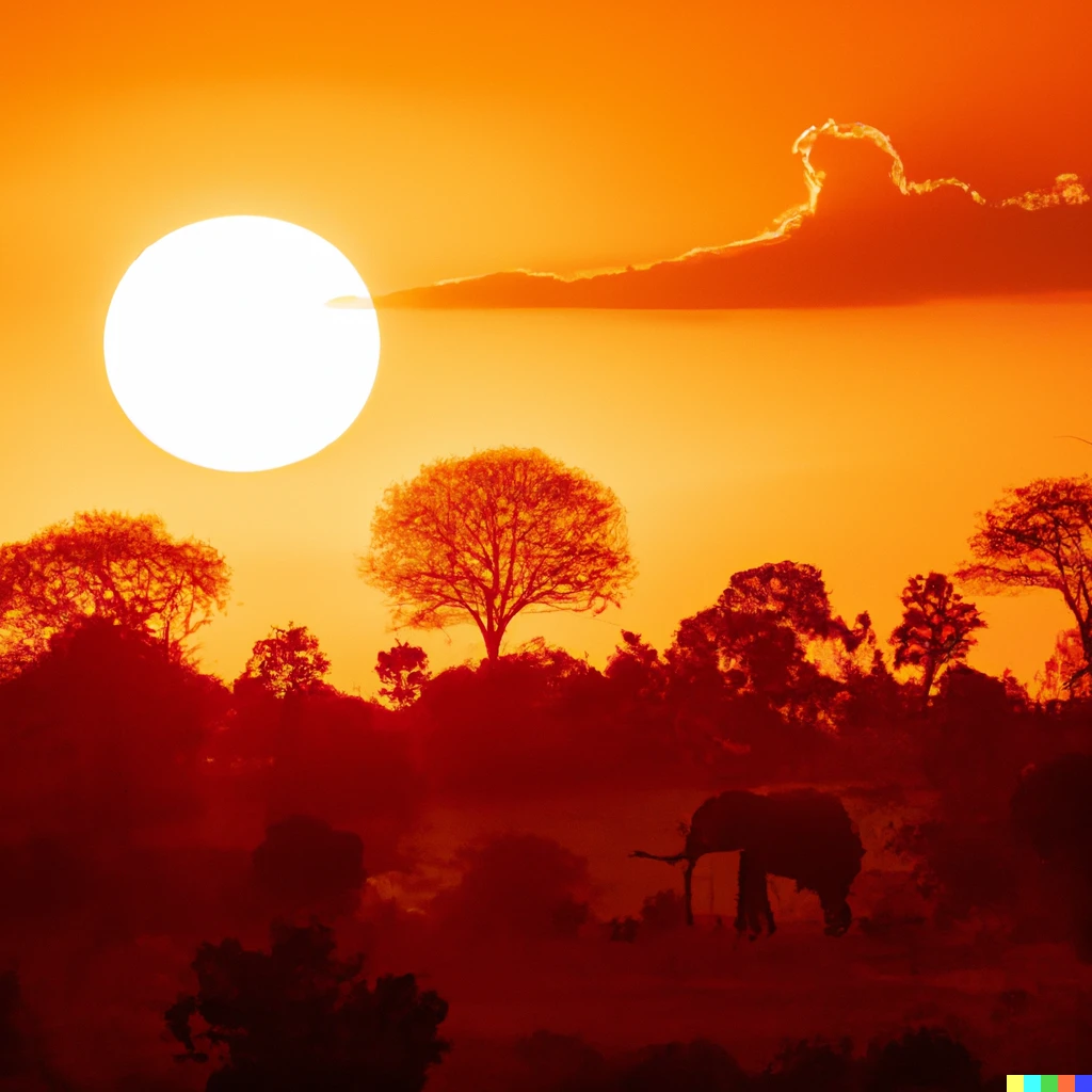 Prompt: Bright red sunset in Madagascar with large sun and light clouds, with silhouettes of acacia trees, giraffes and elephants on a hill. 200mm lens, 4K, nature photography contest winner