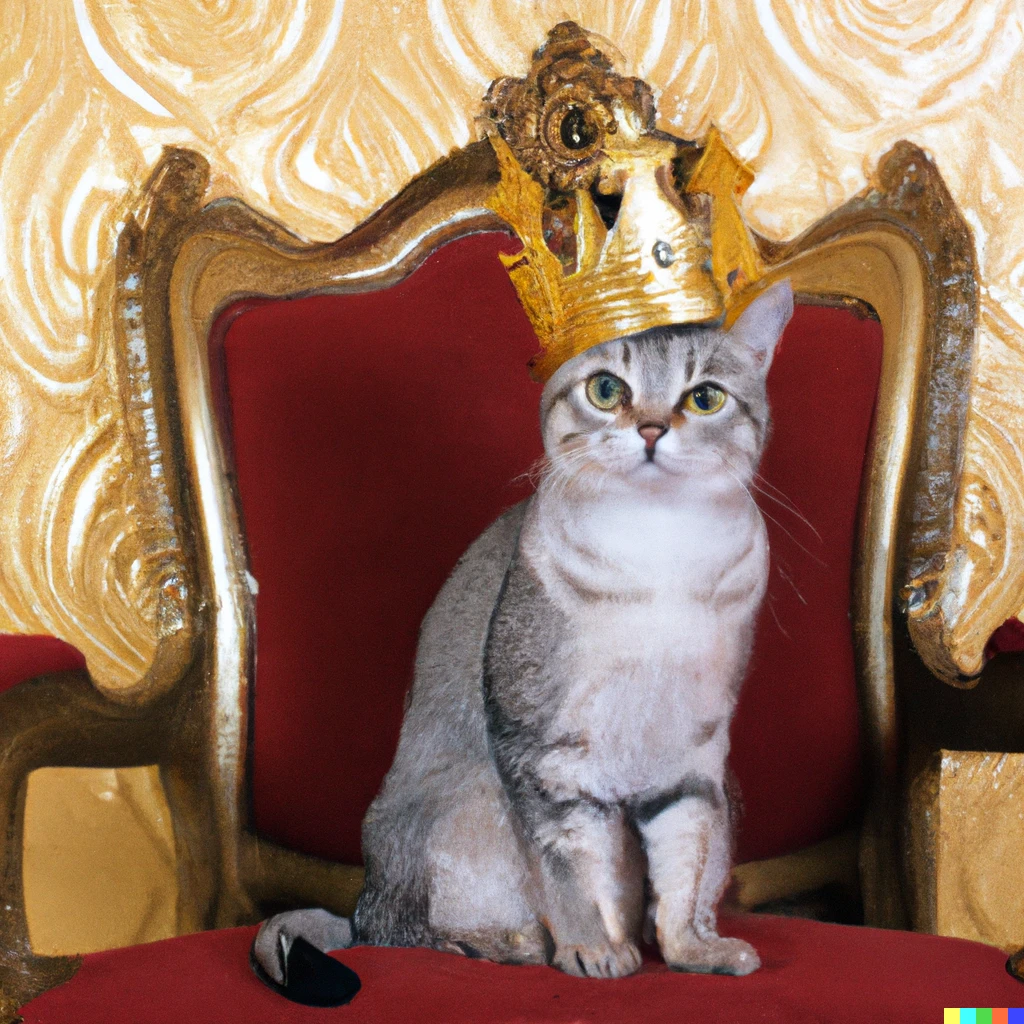 Prompt: a cat with a crown sitting on massive golden throne 