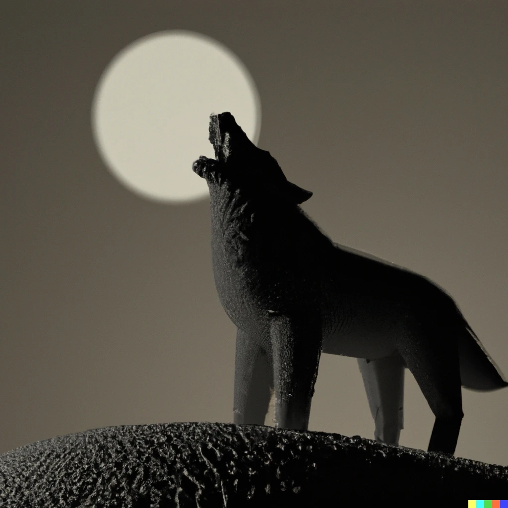 Prompt: a dramatic wolf howling at the moon, made with voxels, 3d render