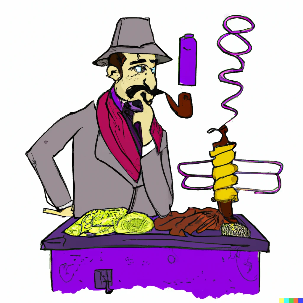 Prompt: Sherlock Holmes cooking a kebab