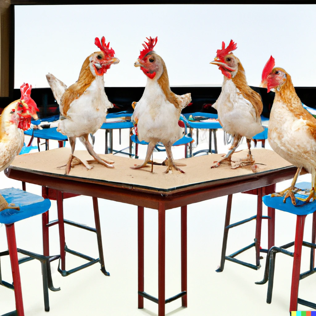Prompt: A picture of a classroom with chickens standing on the tables