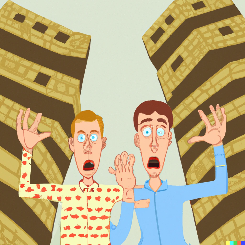 Prompt: Two guys terrified about a building collapsing, cartoon in the style of Inception