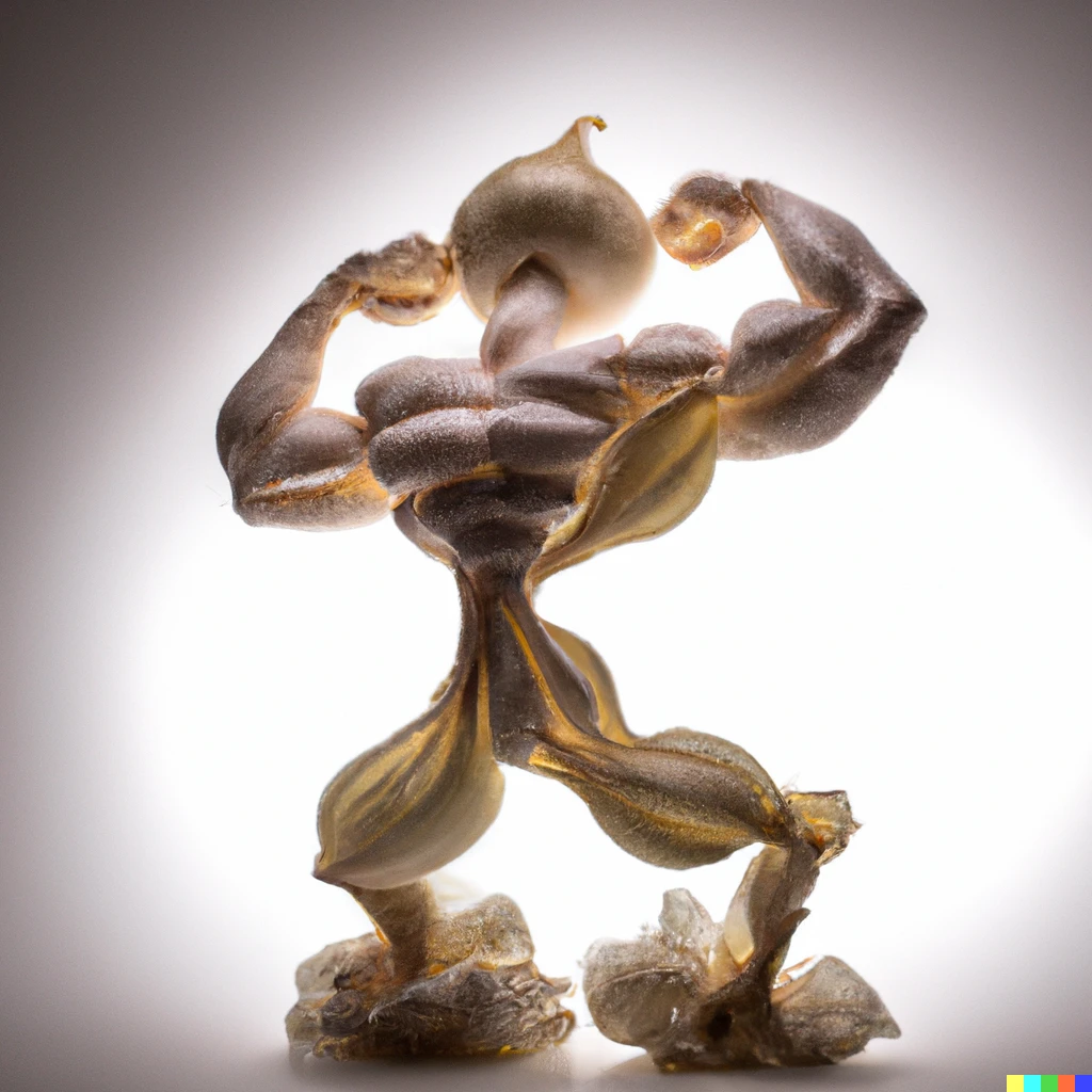 Prompt: Sculpture of a bodybuilder flexing made entirely from fresh onions, by Antoni Gaudi, studio lighting