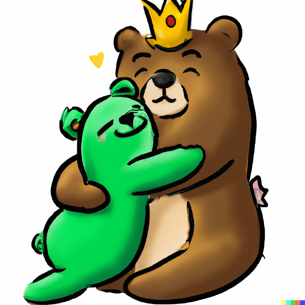 Prompt: a cute green teddy bear hugging a grizzly bear king