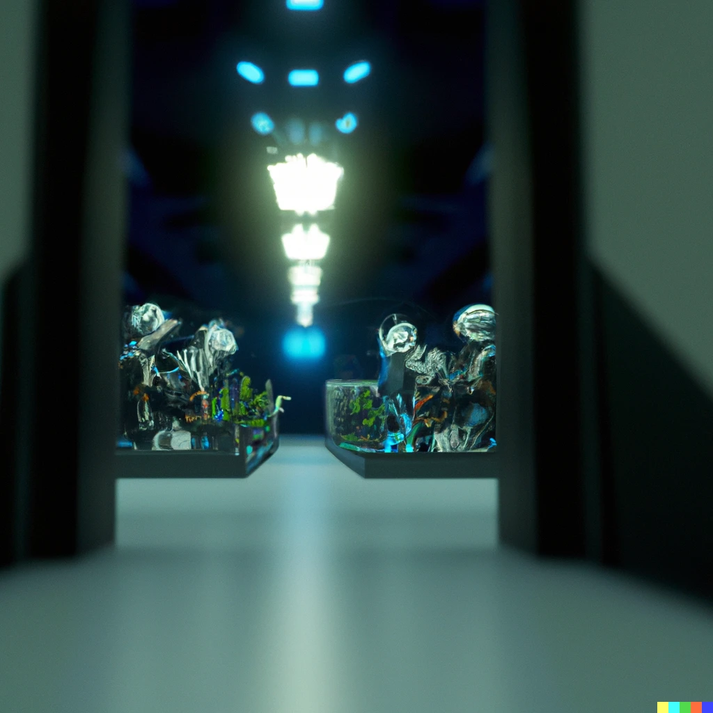 Prompt: Looking down the corridor at the robots creating paradise, cinematic lighting, Unreal Engine