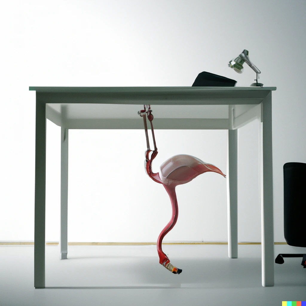 Prompt: A flamingo upside down behind a office desk, photorealisitic