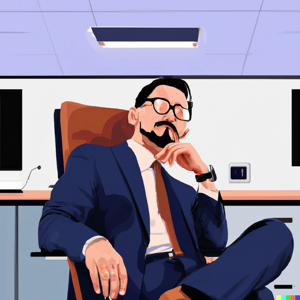 Prompt: a man with a very slight beard that is sitting in a chair. the man is wearing a suit, and is in his large work office. digital concept art