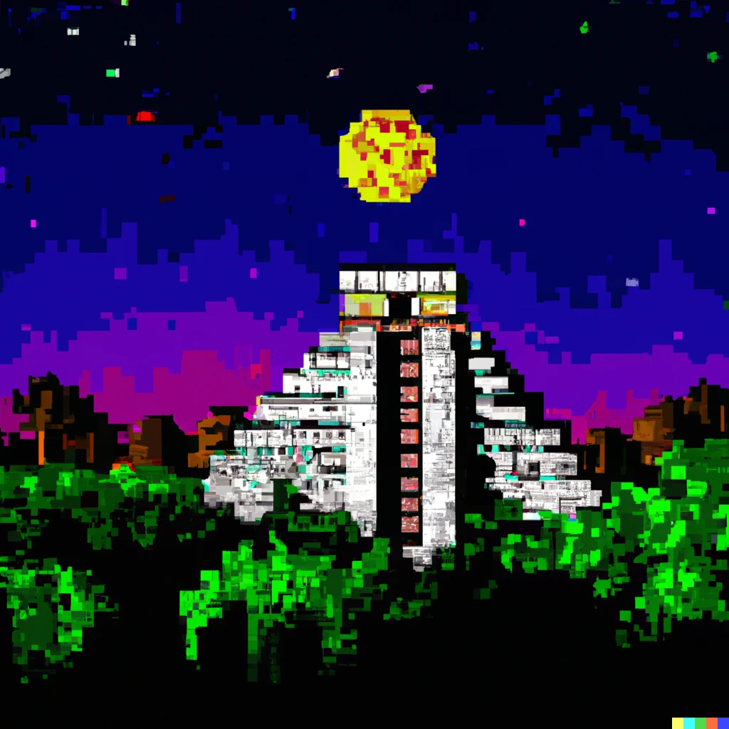 Prompt: 16 bit art, Mayan pyramid temple in the jungle with stars and waning moon overhead, vivid colors
