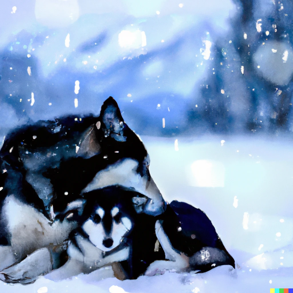 Prompt: A cold husky dog huddling with its puppy in Alaska with snow stuck to its fur, during a sunset, snow falling, mountains and trees in background, bokeh, highly stylised digital art, art contest winner