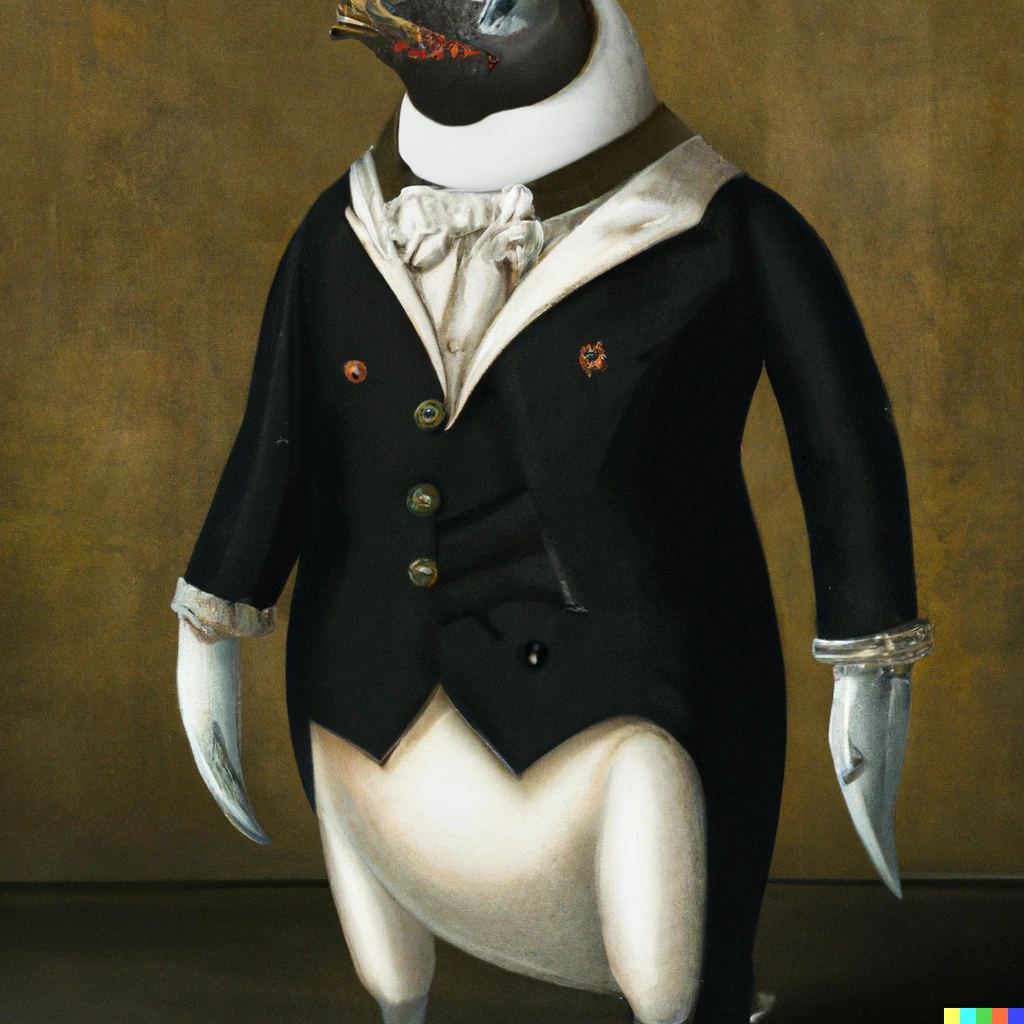 Prompt: renaissance painting of a penguin in a suit, high detail