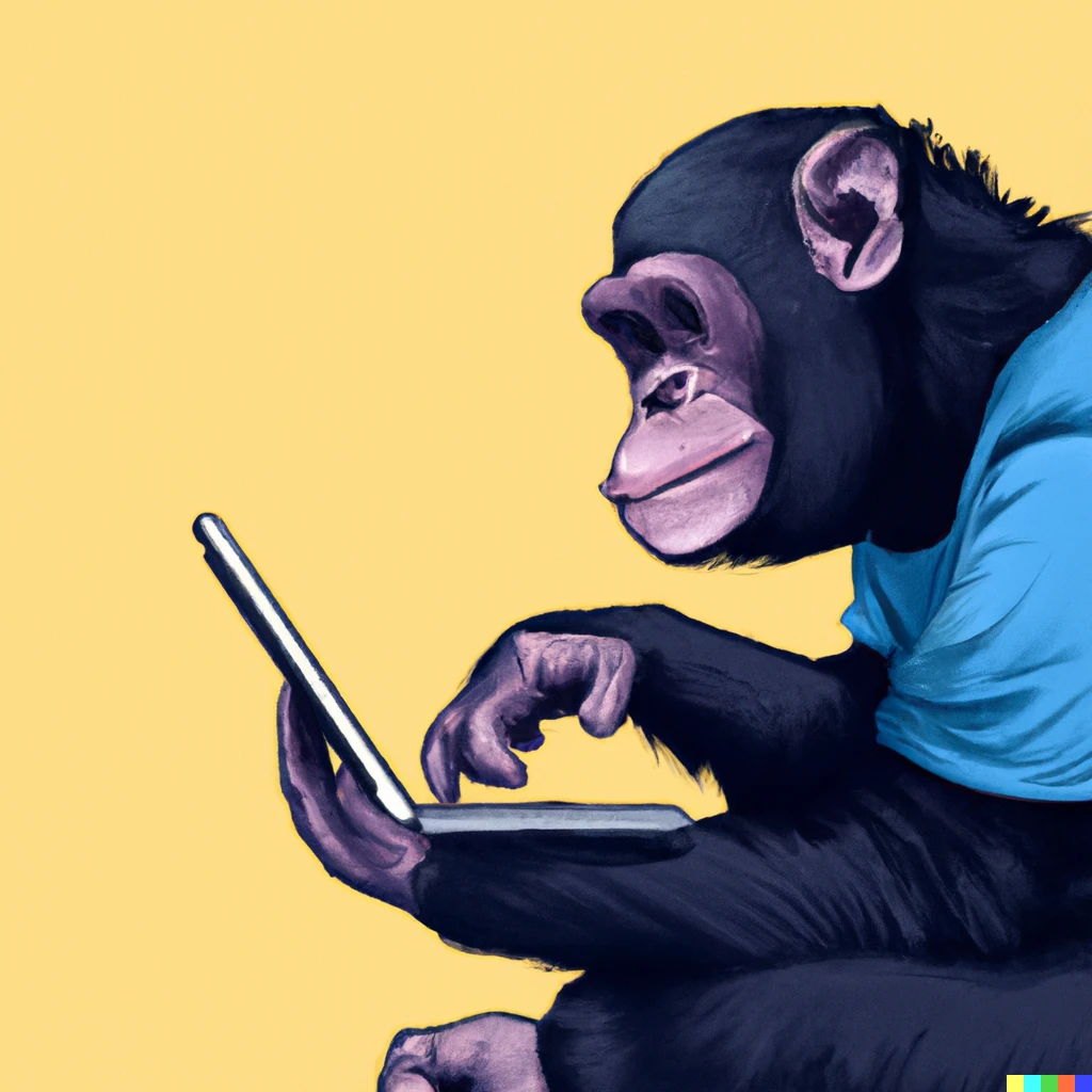 Prompt: a chimp checking to see if a website is online, digital art
