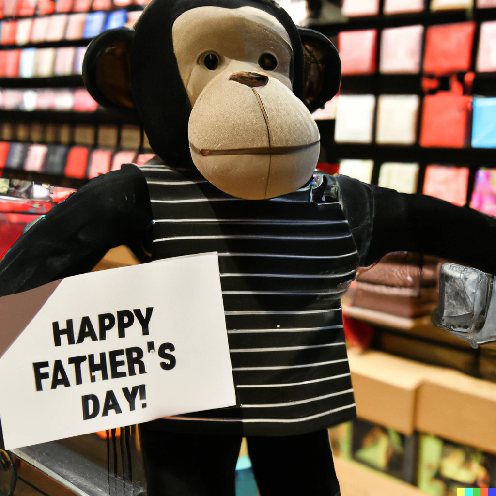 Prompt: a plush chimpanzee in a store shopping for Father's Day, holding a card that says "Happy Father's Day"