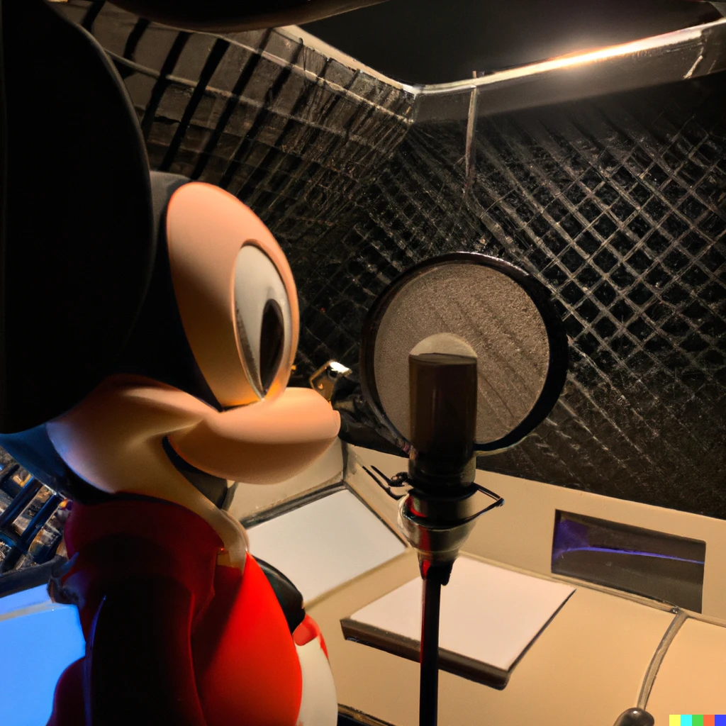 Prompt: Mickey Mouse in a voice recording booth