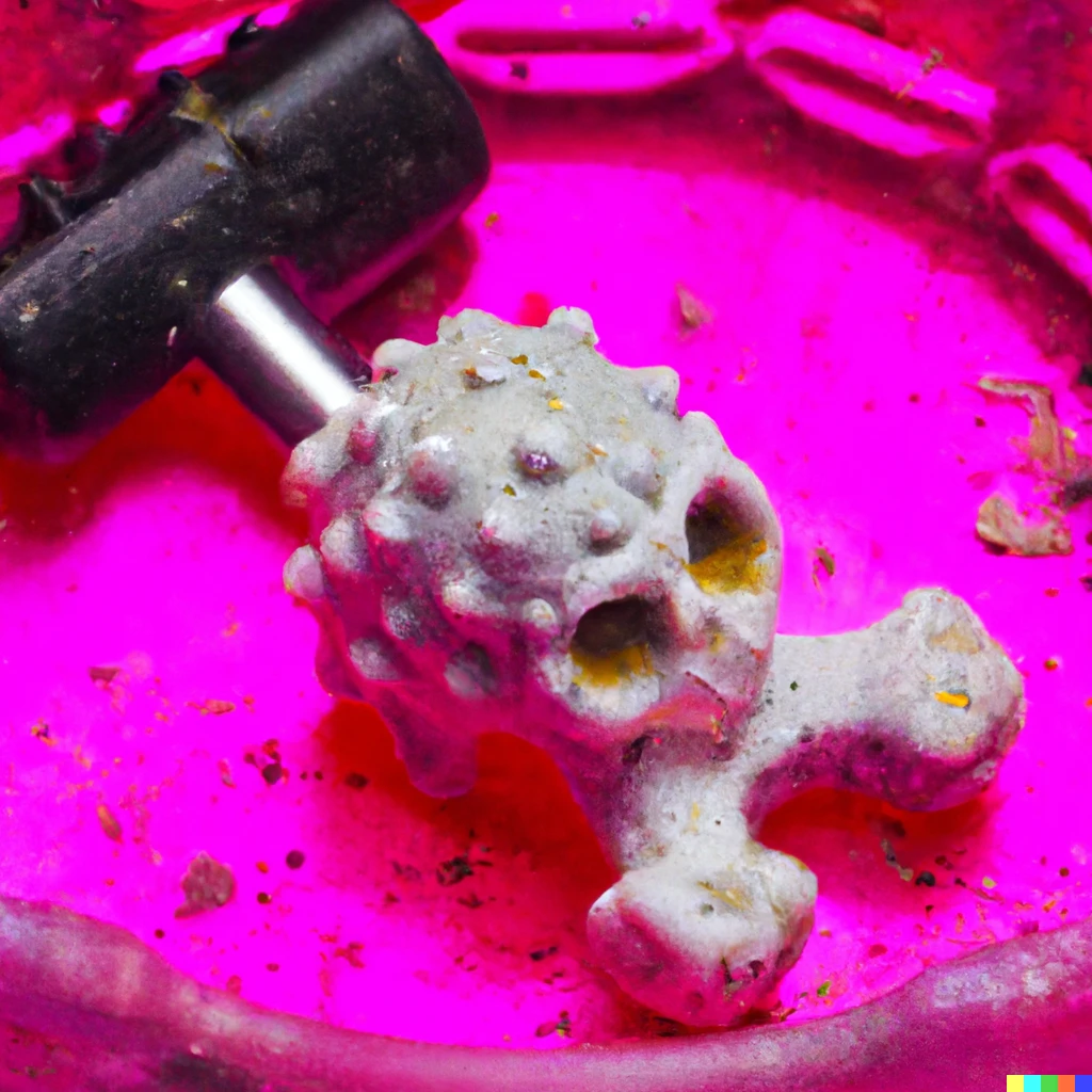 Prompt: Wart Hammer in 4k video skull go-cart on butyl world in hot pink petri dish