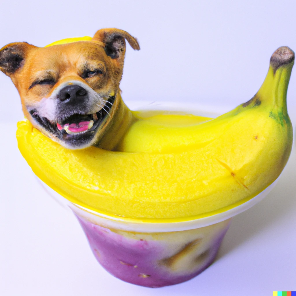 Prompt: A cute dog that looks like a yellow banana sitting in a fruit smoothie bow