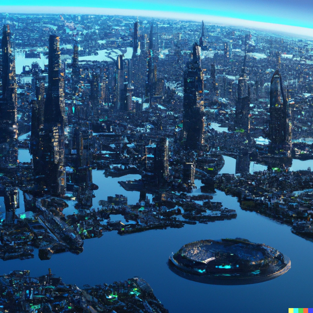 Prompt: A huge futuristic mega-city in the year 2060 seen from outer space, vaporwave, 4K photorealistic