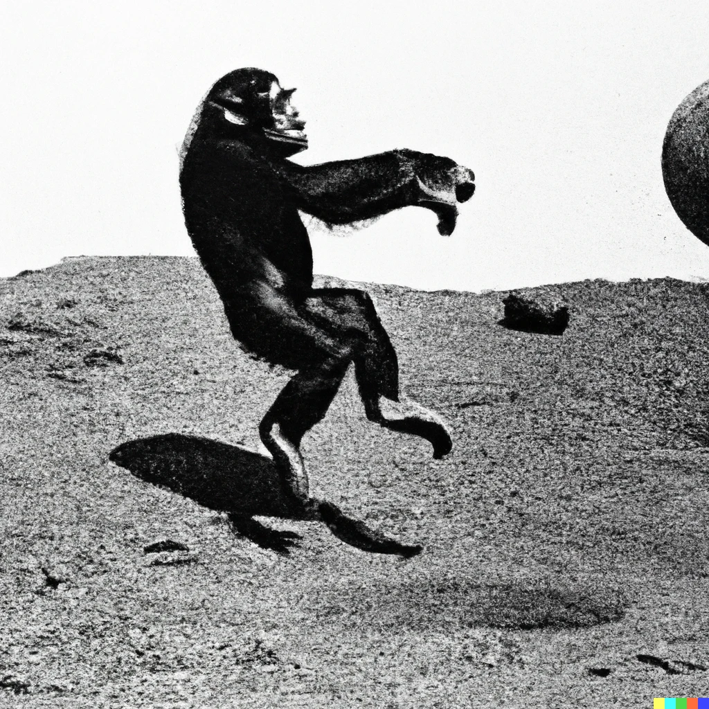 Prompt: A chimpanzee doing a backflip on the surface of mars, 1940s grainy photograph