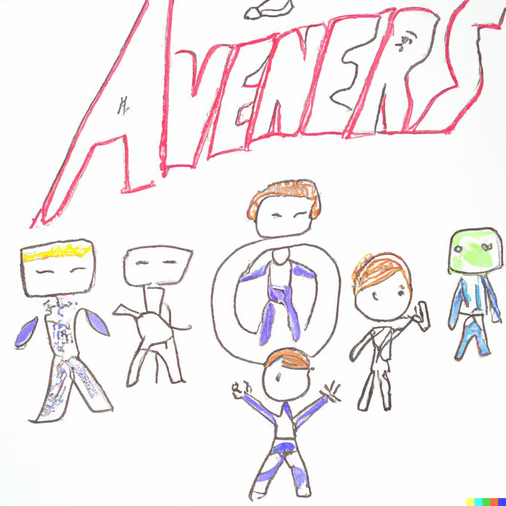 Prompt: Children's drawing of a Marvel Avengers movie poster