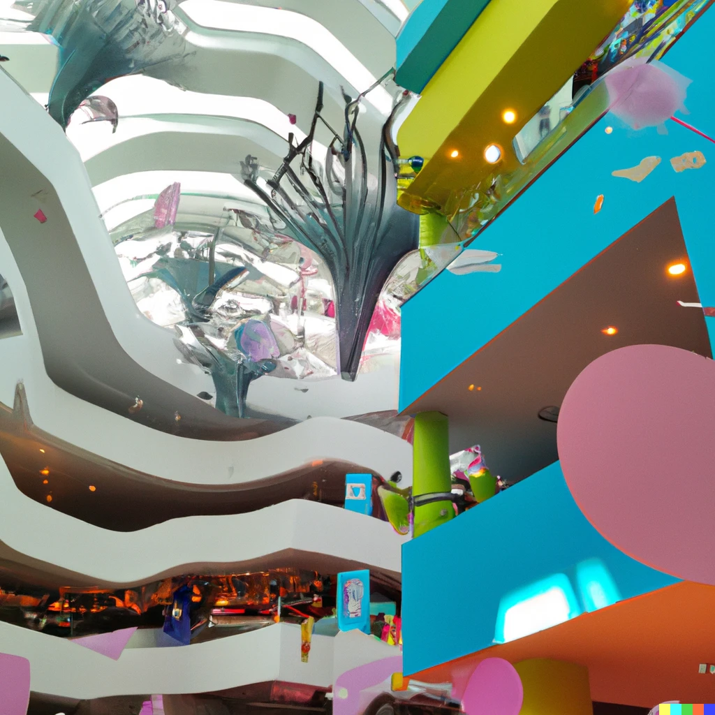 Prompt: The inside of a mall in the style of Dr. Seuss